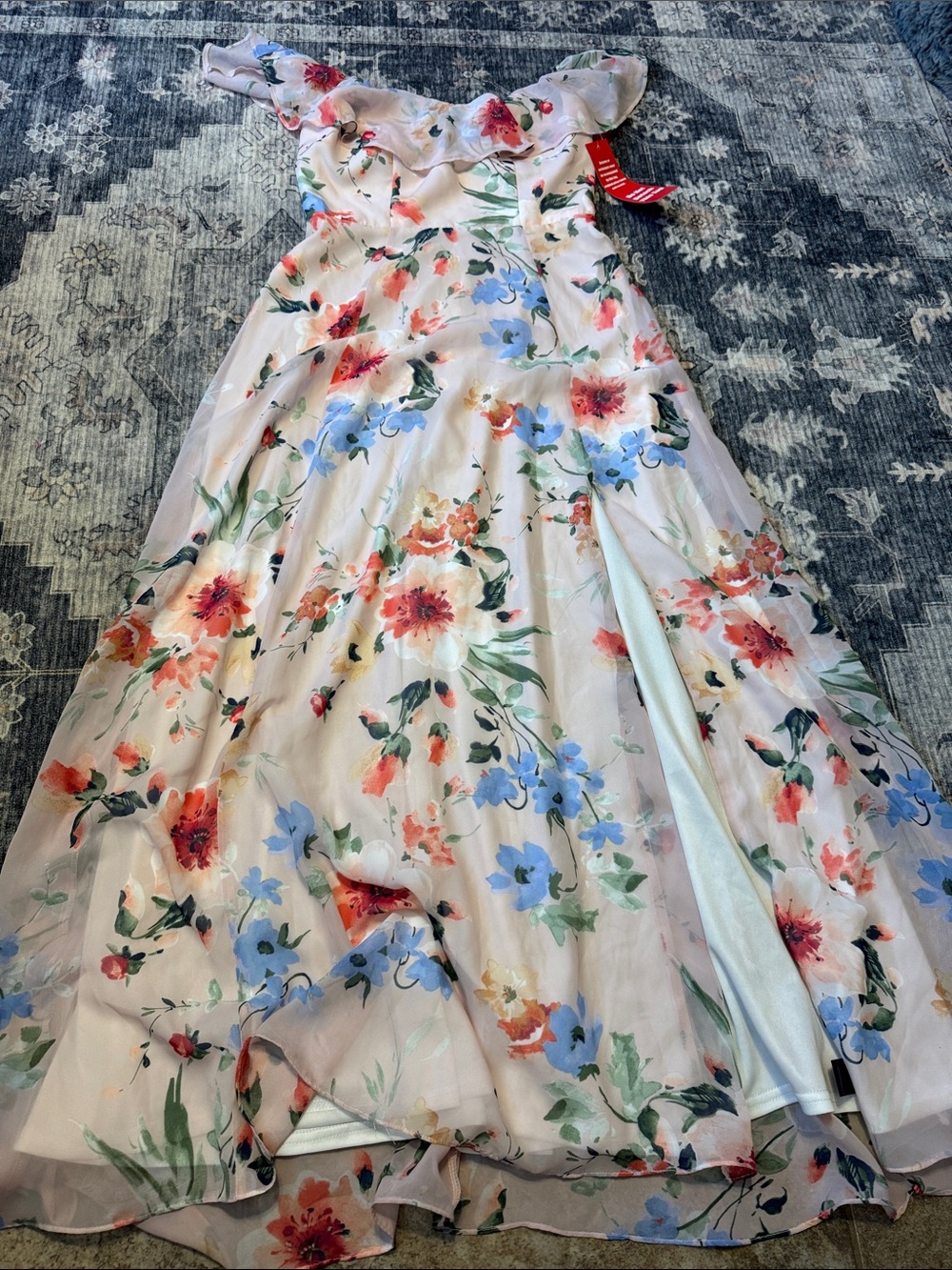 Crystal Doll Pink Floral Ruffle Maxi Dress with Blue & Coral Blooms